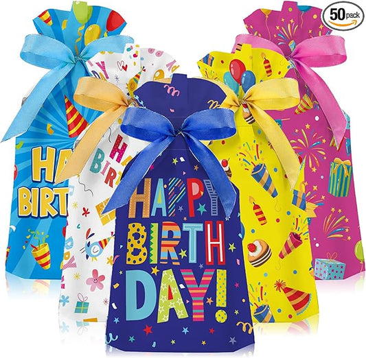 Pasimy 50 Pcs Birthday Drawstring Bags Birthday Favor Bags Birthday Gift Bag Colorful Birthday Pouches Confetti Birthday Plastic Treat Candy Goodies Bag for Birthday Party Supplies