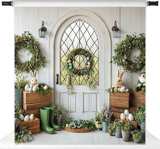 Kate Easter Backdrops for Photoshoot Spring Backdrops Wreath Rabbits Eggs White Door Window Photo Backdrop Flowers Holiday Photo Props, 8x8ft
