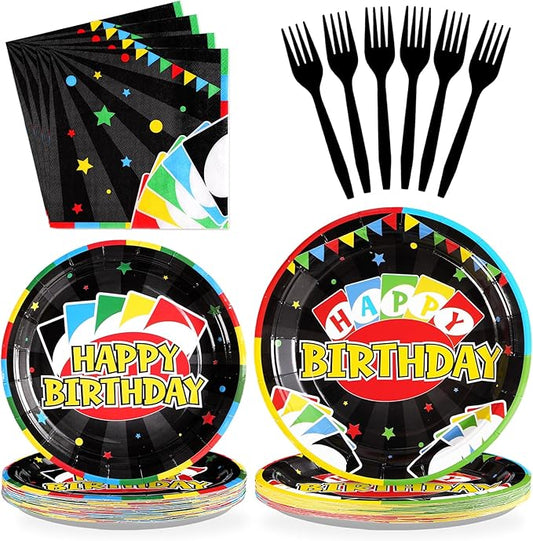 Grencian 96 Pcs Card Game Birthday Party Decorations Game Night Party Decorations Disposable Colorful Playing Card Tableware Set for Adults Boys Cards Games Themed 1st Birthday Parties Supplies
