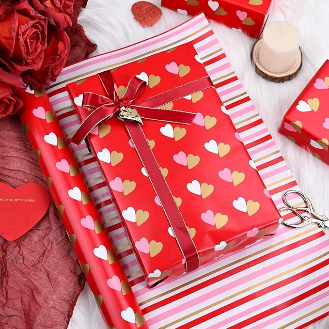 MAYPLUSS Reversible Valentine's Day Wrapping Paper Roll - 17 Inch X 33 Feet - Red Gold Foil Double Love Heart Design Lover Gift Wrap for Valentine’s Day, Birthdays, Wedding, Anniversaries and Holiday