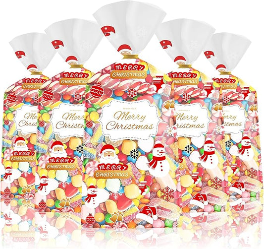 50 Pcs Christmas Treat Bags - Merry Christmas Gift Bags Bulk, Plastic Santa Claus Snowman Christma Cellophane Cello Candy Cookie Goodie Bag with Twist Ties for Winter Xmas Christmass Party Favors