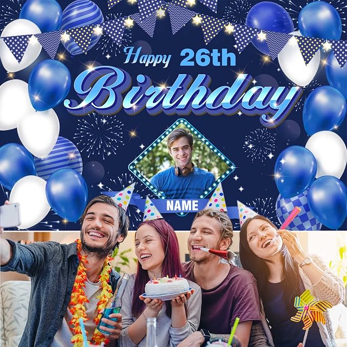 Custom Navy Blue Happy Birthday Decorations Backdrop, Personalized Glitter Sign, Banner, Party Supplies Photo Background for Children, Men, Women
