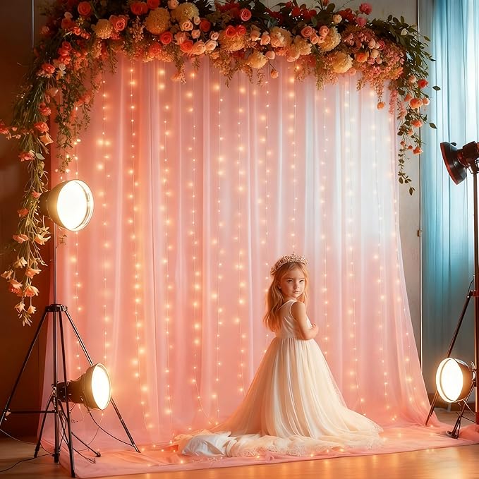 30x8ft Peach Tulle Backdrop Curtain with Lights String for Parites, Sheer Photo Backdrop Curtains for Easter Wedding Baby Shower Birthday Party Photo Shoot Decorations