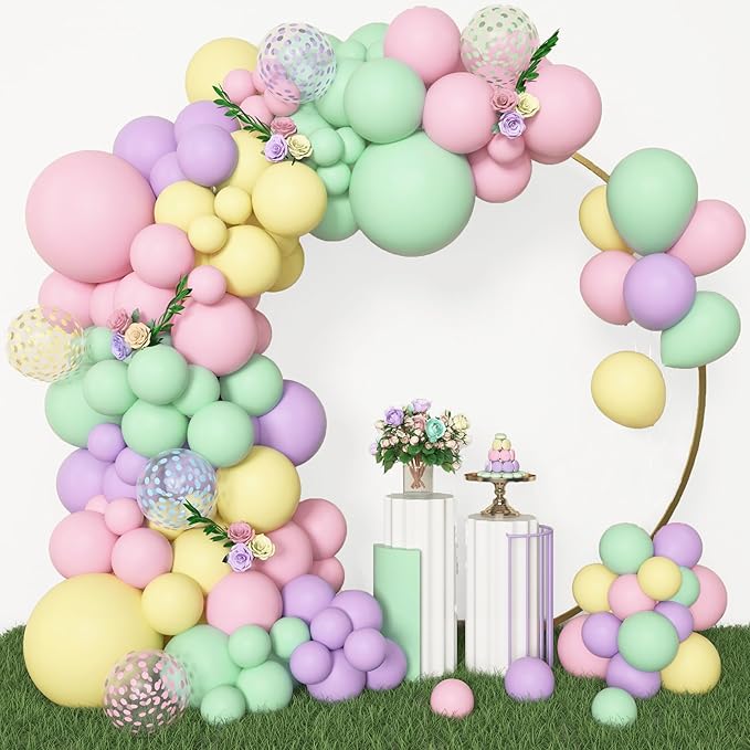 Amandir 153pcs Pastel Balloons Garland Arch Kit, Different Sizes 18 12 10 5inch Pastel Pink Yellow Green Purple Confetti Balloons for Bunny Hunt Spring Baby Shower Birthday Party Decorations