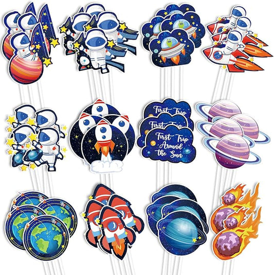 Whaline 72Pcs Outer Space Cupcake Topper 12 Designs Astronauts Rockets Spacecraft Cupcake Picks Out of Space Food Picks with Sticks Glue Point for Birthday Space Theme Party Supplies Cake Decor