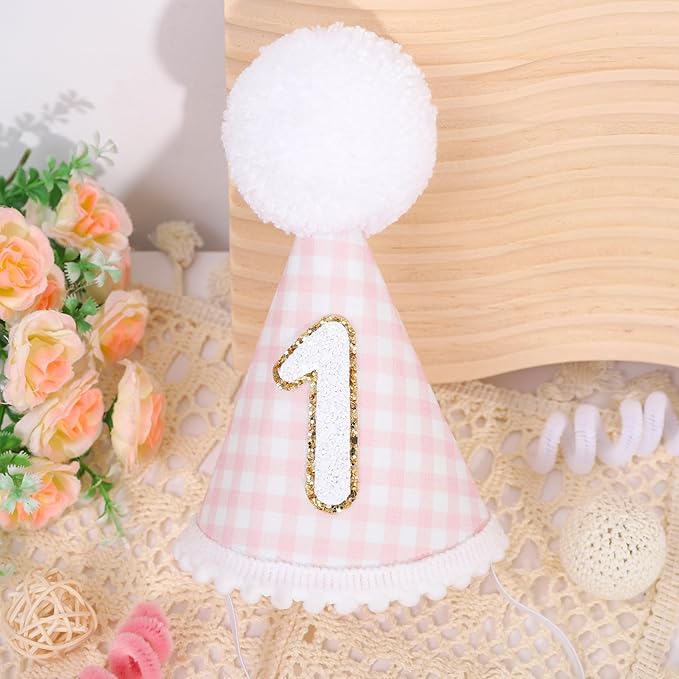 Pink Gingham Style 1st Birthday Hat - 1st Birthday Party Hat for girls, Baby girl 1st Birthday Decoration, Princess First Birthday Crown, Pink and Gold 1st Birthday Decor