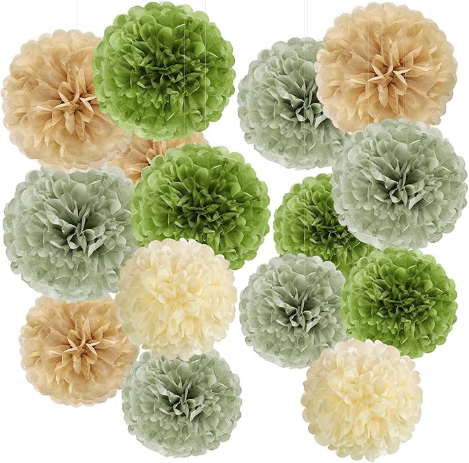 Olive Sage Green Tissue Paper Pom Poms Safari Jungle Party Decorations Paper Flowers Decorations Natural Green Boho Hanging Décor for Birthday Baby Shower Bridal Wedding Party Supplies