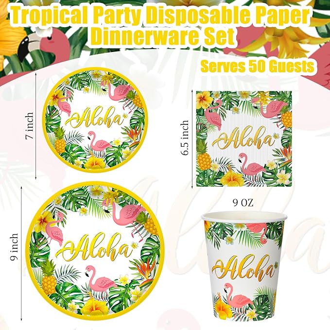 Jingmore 200 Pcs Tropical Hawaii Aloha Party Supplies Serve 50 Guests Luau Paper Plates Cups Napkins for Summer Beach Tableware Pool Party