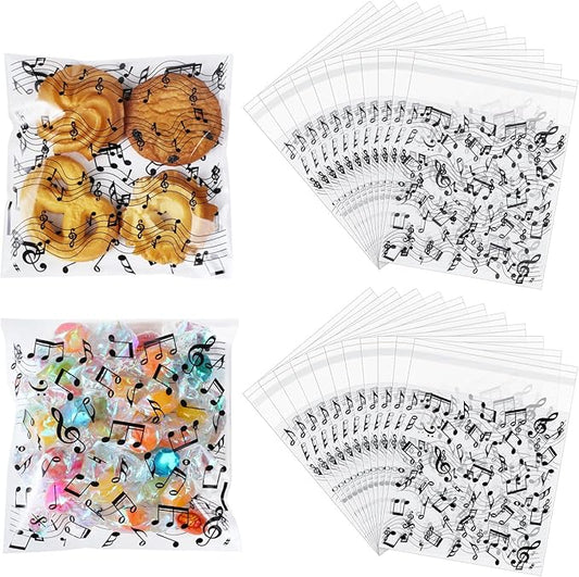 Supervitae 200 Pcs Music Notes Cellophane Cookie Bags Bulk 4 x 4 Inch Self Adhesive Treat Bags Treat Clear Goodie Gift Wrapping for Music Theme Party Favor Supplies Snacks Bakery Candy Packaging