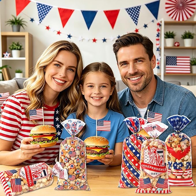 4th of July Cellophane Treat Bags, 200 PCS 4th of July Gift Bag, Patriotic Treat Bags, Plastic Red Blue and White Candy Cookie Goodie Snack Bag for Independence Day Fourth of July Party Favor Supplies