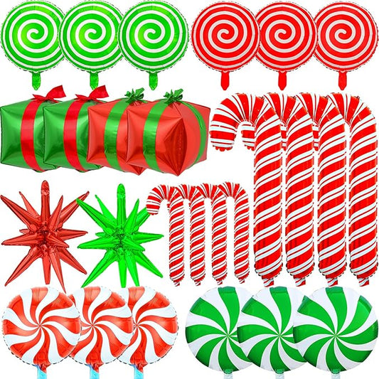 Christmas Foil Balloons 30PCS, Large Red Green Candy Cane Swirl Balloons Kit for Christmas Party Birthday Decorations, Mylar Balloon Arch Set with ribbons, Easy to Inflate & Hang