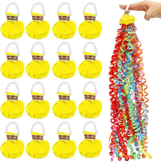 16Pack No Mess Streamers, Yellow Hand Thrown Streamer Poppers, No Mess Confetti Poppers, Party Poppers with Ribbons, Confetti Streamers for Birthday, Wedding, Celebrations, Graduation, Party Favors