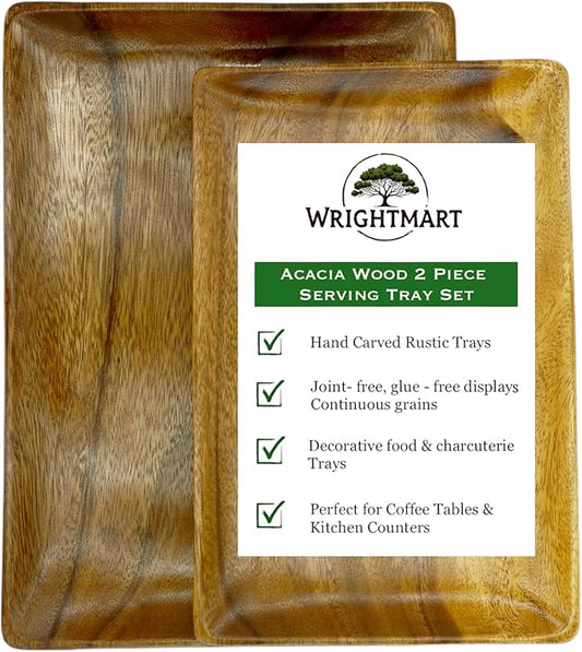 Acacia Wood Dinner Serving Tray Set of 2 – Size: Lg 14" x 10", Med 12" x 8", Richly Grained, Decorative Coffee Table, Ottoman, Food, Drink, Breakfast, Appetizer, Candle Display Trays, Joint-Free