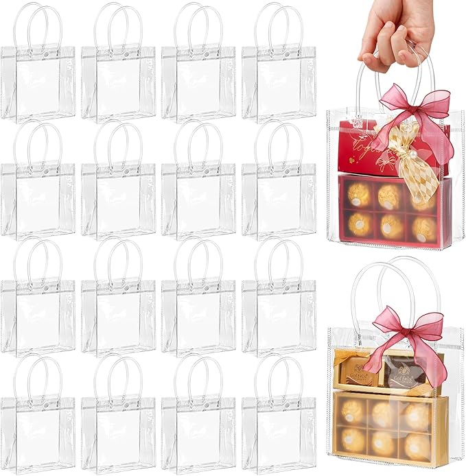 Jutieuo 30 PCS Clear Gift Bags with Handles, 5.9 x 6.3 x 2.8 Inches Reusable Plastic Goodie Bag Transparent Party Favor Bags Bulk for Weddings Birthdays Events, Classrooms & Celebrations