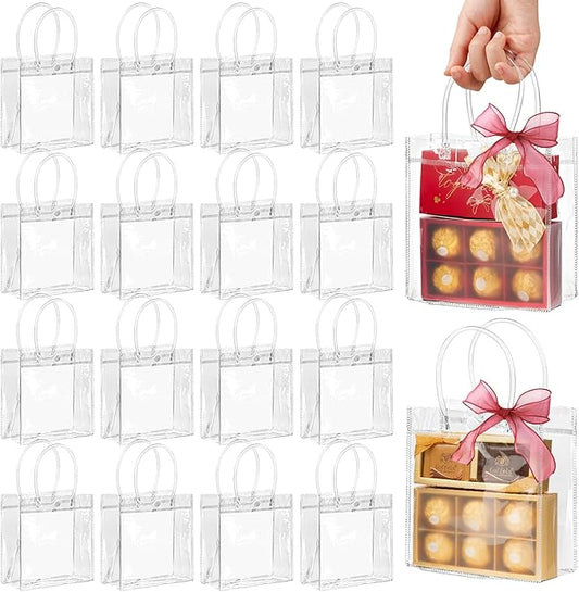 Jutieuo 30 PCS Clear Gift Bags with Handles, 5.9 x 6.3 x 2.8 Inches Reusable Plastic Goodie Bag Transparent Party Favor Bags Bulk for Weddings Birthdays Events, Classrooms & Celebrations