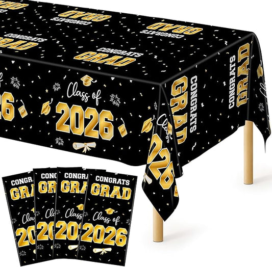 QZYL 4 Pack Graduation Decorations, 54" x 108" Black and Gold Rectangle Graduation Table Cloths, Plastic Tablecloth for College Congrats Grad, Disposable Grad Party Decorations for Class of 2026