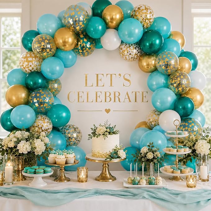 Teal and Gold Balloons, 60PCS Gold Turquoise Balloons Set, 12 Inch Metallic Green Gold Confetti Balloon Teal Blue White Latex Balloon for Wedding Birthday Baby Shower Summer Party Decor