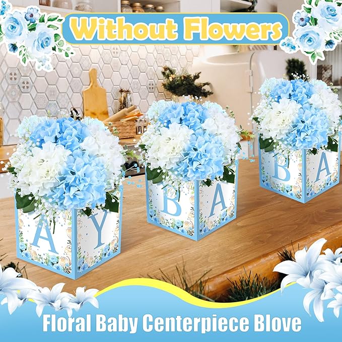 Bucherry 6 Pcs Baby Shower Centerpieces with Letters, 7" Baby Blocks Flower Boxes for Table Decorations, Gender Reveal Party Supplies & Photo Props(Blue,Blue Floral)