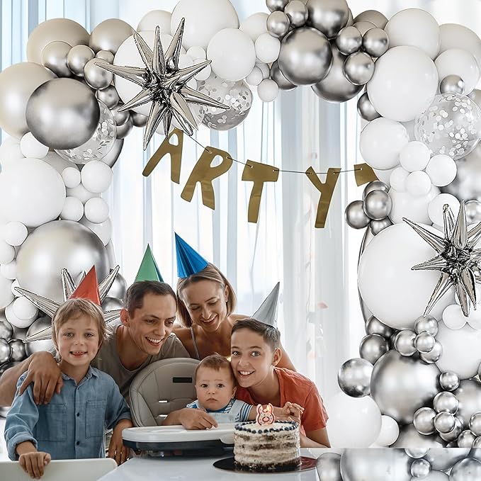 White Silver Balloons Arch Garland Kit-127Pcs Silver Explosion Star Foil Balloon Silver Confetti Balloon for Graduation,Birthday,Baby Shower,Christmas,Fiesta Party Decoration.