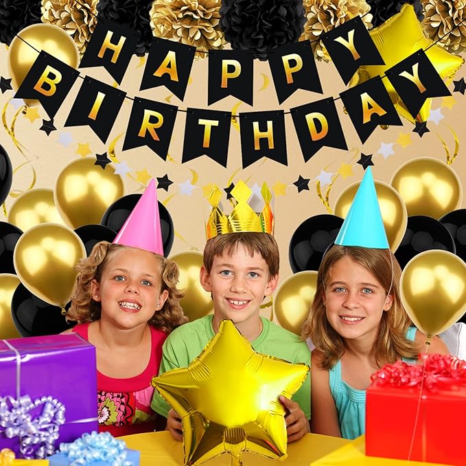 Birthday Decorations for Men, Black and Gold Party Decorations Happy Birthday Banner for Boys Men 40th 50th 60th 70th 80th 90th Party Supplies