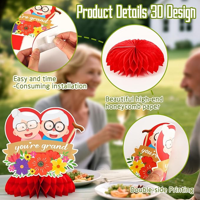 JULMELON 8PCS Happy Grandparents Day Decorations, Double Side Honeycomb Centerpieces for Tables Grandma and Grandpa Party Decorations Supplies