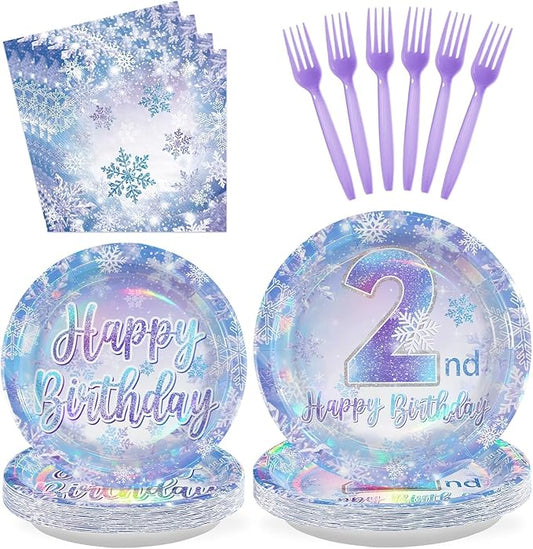 Grencian 96Pcs Frozen Party Supplies Plates Winter Onderland 2nd Birthday Plates Winter Snowflake Happy 2nd Birthday Tableware Disposable for Kids Girls Frozen Themed Party Christmas