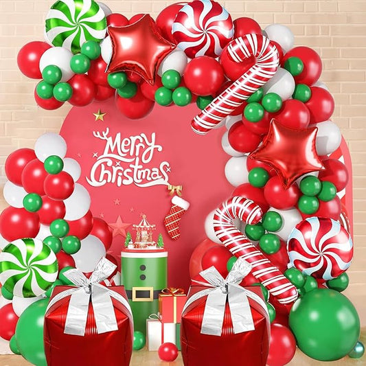 Christmas Balloon Arch Kit, Dark Green Red White Balloons & Red Gift Box & Round Candy Cane Balloon & Star Foil Balloons for Xmas Supplies New Year Party Christmas Party Decorations