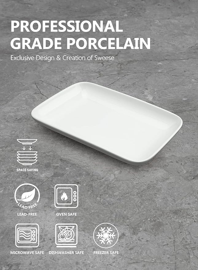 Sweese 8 Inch Rectangular Salad Plates, Porcelain Dessert Plates, Small White Serving Trays for Salad, Fruit, Sushi Appetizer and Parties - Stackable, Set of 6, White