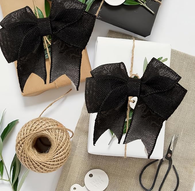 Black Burlap Ribbon 1-1/2 inch X 10 Yard Natural Burlap Woven Ribbons DIY Handmade Edging Production Wreath Holiday Decoration Gift Ribbon for Gift Wrapping Jute Linen Black Ribbons