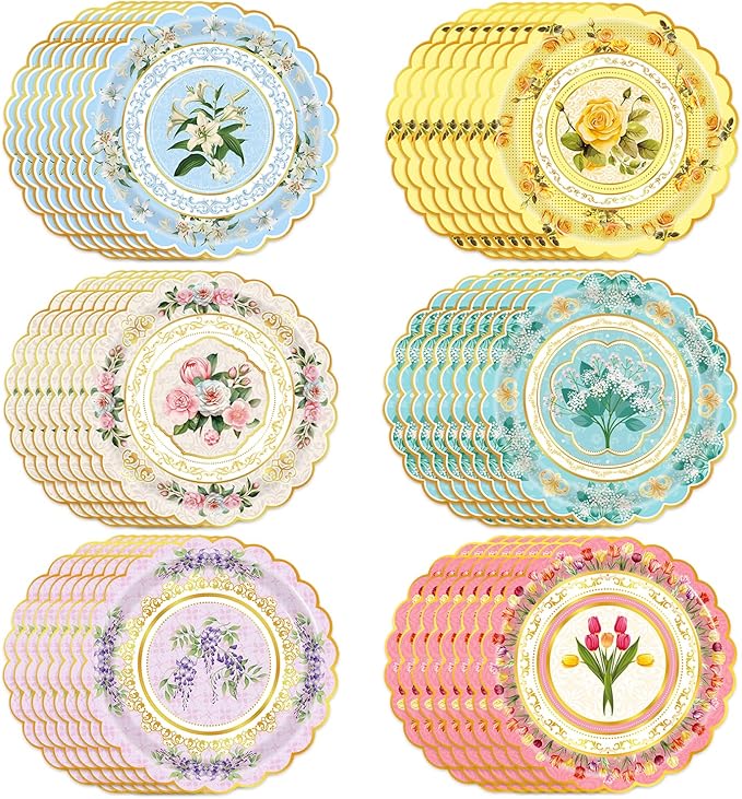 48-Pack Floral Paper Plates, Tea Party Decorations, 9 Inch Disposable Floral Plates for Tea Party, Mothers Day, Bridal Shower, Birthday, Wedding and Baby Shower