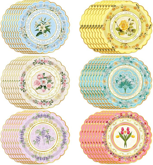 48-Pack Floral Paper Plates, Tea Party Decorations, 9 Inch Disposable Floral Plates for Tea Party, Mothers Day, Bridal Shower, Birthday, Wedding and Baby Shower