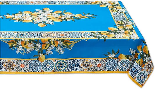 YiHomer Provence Blue Lemon Mediterranean Tile Tabletop for Spring Summer Decorations, Picnics and Dinner Parties - Indoor Outdoor, Stain and Water Resistant, Tablecloth, 60 x 84 Rectangle