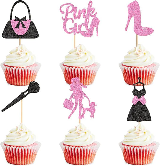 Ercadio 24Pcs Shopping Cupcake Toppers Pink Girl Cupcake Picks Handbag High Heels Dress Food Picks for Fashion Girl Women Birthday Bridal Bachelorette Shopping Party Decorations Supplies