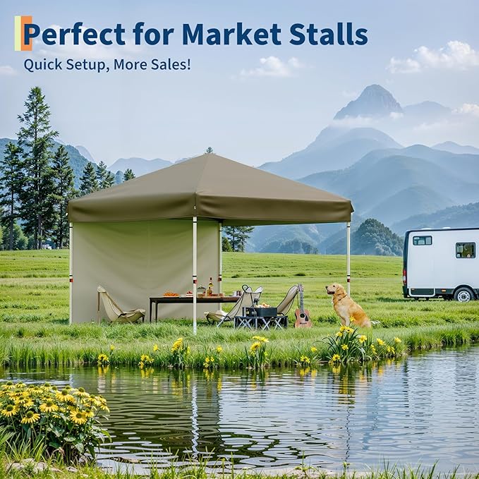 Garvee 10x10 Pop Up Canopy Tent with 1 Removable Sidewall, Heavy Duty Commercial Instant Shelter with One-Person Setup, UPF 50+ Waterproof, 100 Sq Ft Shade for Outdoor Events, Camping, Farmers Market
