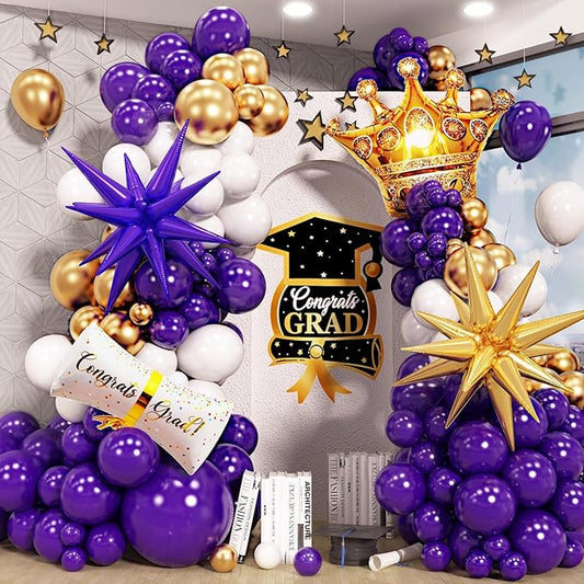 135 Pcs Graduation Balloons Arch Kit 2025 Congratulations Decorations, Purple Gold White Balloon Garland with Explosion Star Certificate Crown Foil Balloons for Class of 2025 Grad Prom Supplies Decor