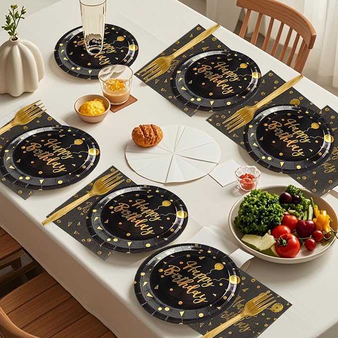 48PCS Happy Birthday Plates and Napkins Party Supplies, Black and Gold Disposable Paper Plates and Napkins with Forks Tableware Set for Birthday Party Decorations 16 Guests (Birthday Black)