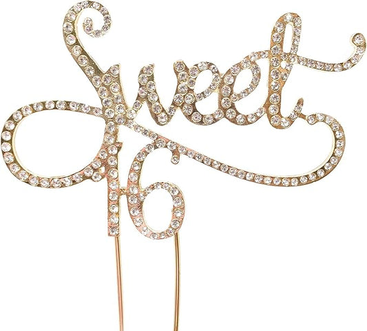 Honbay Sweet 16 Cake Topper Premium Sparkly Crystal Rhinestones Cake Topper Cake Decoration for 16th Birthday Party (Gold)