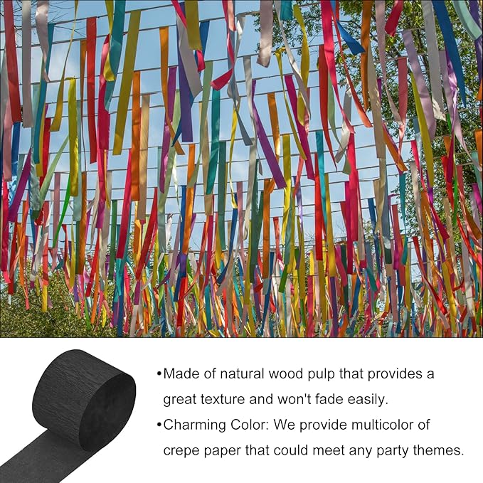 Crepe Paper Roll, Black Crepe Paper Streamers Sheets, [for Party Streamer Decorations, Birthday Party] - 1.8 Inch x 82 ft / 2 Roll