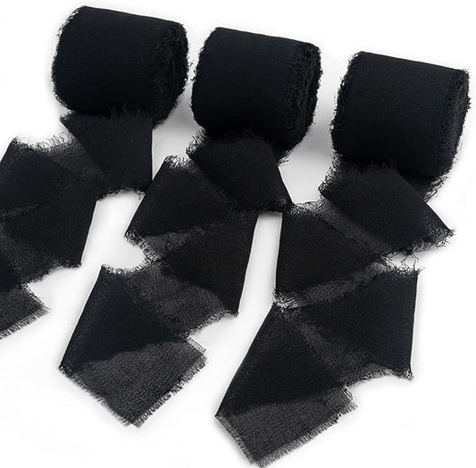 Black Chiffon Ribbon, Black Silk 1.5''x21Yd Handmade Frayed Fringe Ribbons for Wrapping, DIY Bows, Invitations, Bridal Bouquets, Crafts, Birthday, Wedding, Halloween, Party Decoration, 3 Rolls