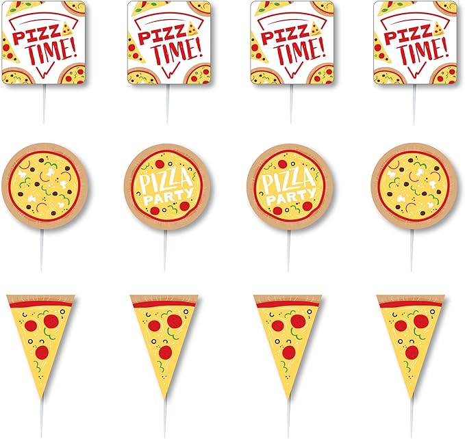 Big Dot of Happiness Pizza Party Time - Dessert Cupcake Toppers - Baby Shower or Birthday Party Clear Treat Picks - Set of 24