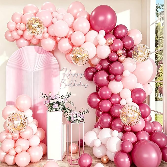 Hot Pink Balloons Metallic Fuchsia and Gold Confetti Balloon, 60 Pcs 12 Inch Latex Metallic Pink Balloons with 1 Ribbon, for Birthday Wedding Bridal Shower Party Decorations