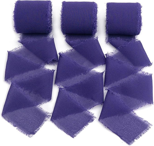 Dark Purple Chiffon Ribbon, Purple Silk Party Decoration, 1.5''x21Yd Handmade Frayed Fringe Ribbons for Wrapping, DIY Bows, Invitations, Bridal Bouquets, Birthday, Wedding, Halloween, 3 Rolls