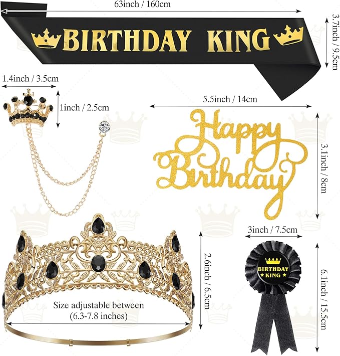 Junkin 5 Pieces Birthday Man Accessories Include King Crown King Sash Tinplate Badge Pin Brooch Hanging Chain Crown for Man Birthday Party(Adjustable Style,Small)