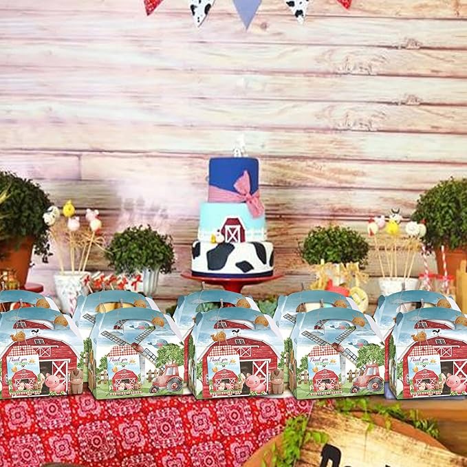 Farm Party Boxes, 12 Pcs Farm Theme Gift Boxes with Thank You Cards for Birthday, Farmhouse Theme Party Supplies
