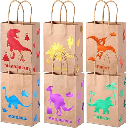 Pajean 24 Pcs Dinosaur Candy Bags with Handle, Dinosaur Party Favor Paper Bags Kids Gifts Goodie Treat Wrapping for Boys Girls Dino Theme Birthday Baby Shower Party Supplies(Lovely Style)