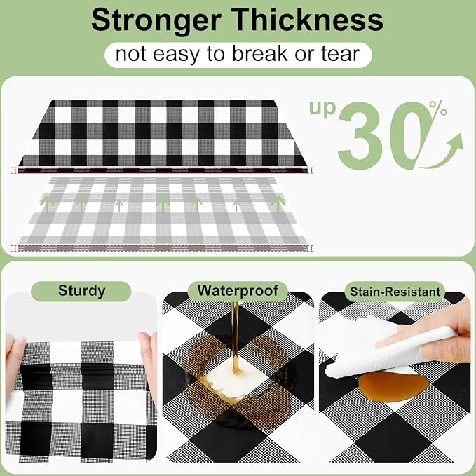 Smiry 6 Pack Black Gingham Disposable Tablecloths - 54" x 108" Heavy Duty Plastic Table Cloth, Waterproof Buffalo Plaid Table Covers for Picnic, Banquets, Outdoor Parties