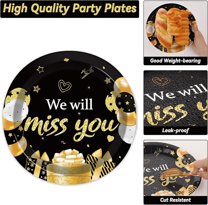 50 Guests We Will Miss You Plates and Napkins Party Supplies Farewell Party Decoration Disposable Paper Cake Tableware Set Black and Gold Goodbye Party Dinnerware Favor for Employee Retirement, 200PCS