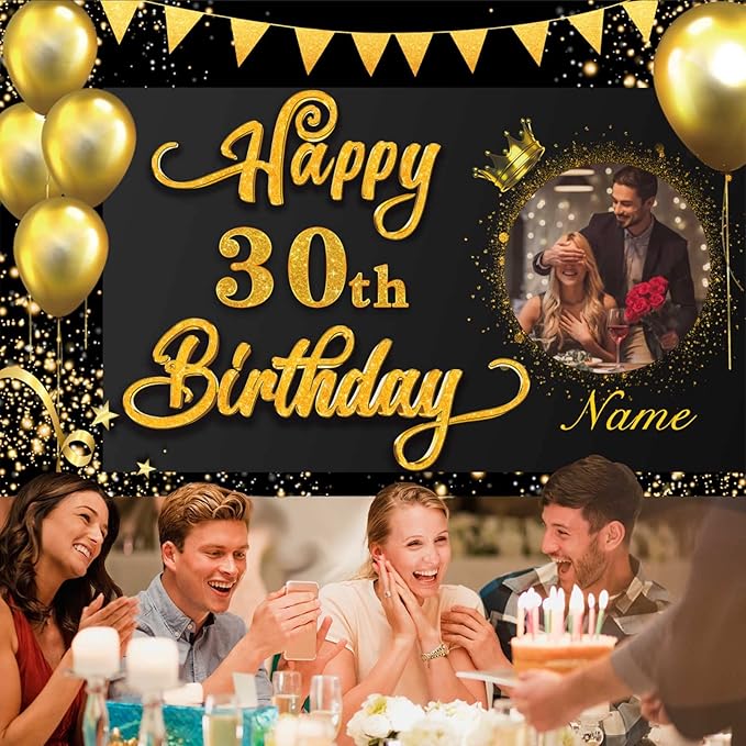 Custom Happy 30th Birthday Decorations Banner -30 Years Old Birthday Decorations Backdrop for Women Men Boys Girls - Personalization Happy 30th Birthday Party Decorations Supplies - Black and Gold