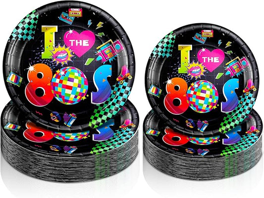 Yungyan 50 Pcs Retro 80's Plates Disposable Paper Tableware 9 Inch Dinner Plates 7 Inch Dessert Party Decoration Supplies