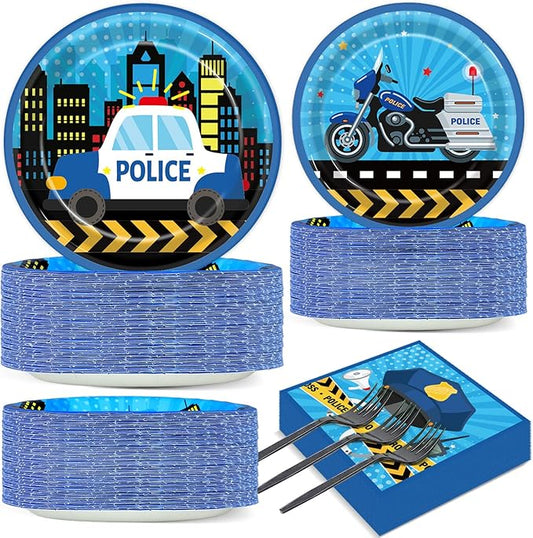 Qyeahkj 50 Guests Police Plates and Napkins Party Supplies Police Car Party Decorations Disposable Tableware Set Police Officer Paper Dinnerware Favor for Boys Kids, 200PCS